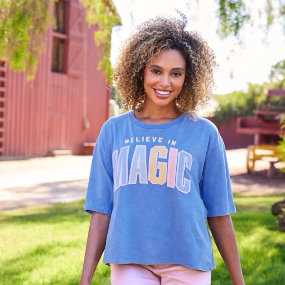 Disney Parks Believe in Magic Cropped Boxy Graphic Tee Blue Distressed L